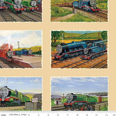 Image of Thomas & Friends™ 80th Anniversary Art Grid Flax quilting cotton fabric by Riley Blake Official Licensed Product for Riley Blake Designs. Features trains on a beige background. Cute Little Fabric Shop