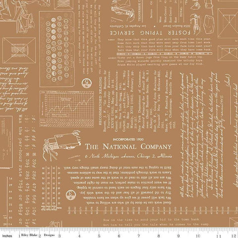 Image of TYPE/ography Maple quilting cotton fabric by Lori Holt for Riley Blake Designs. Features text on a brown background. Cute Little Fabric Shop.