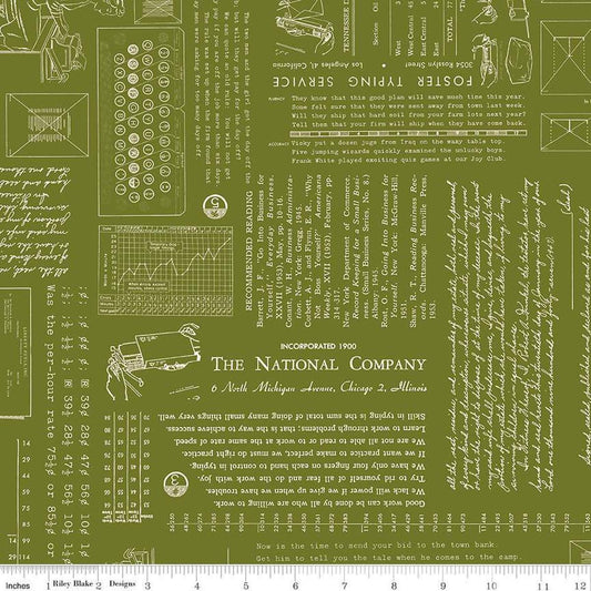 Image of TYPE/ography Parsley quilting cotton fabric by Lori Holt for Riley Blake Designs. Features text on a green background. Cute Little Fabric Shop.