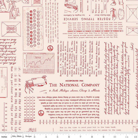 Image of TYPE/ography Background Schoolhouse quilting cotton fabric by Lori Holt for Riley Blake Designs. Features text on a cream background. Cute Little Fabric Shop.