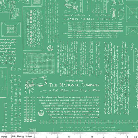 Image of TYPE/ography Alpine quilting cotton fabric by Lori Holt for Riley Blake Designs. Features text on a green background. Cute Little Fabric Shop.