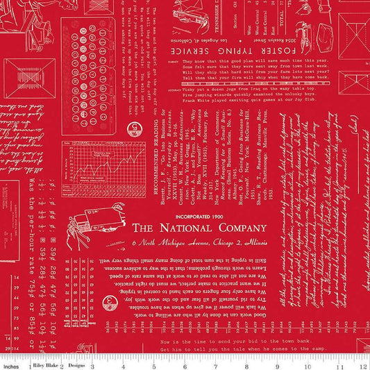 Image of TYPE/ography Schoolhouse quilting cotton fabric by Lori Holt for Riley Blake Designs. Features text on a red background. Cute Little Fabric Shop.