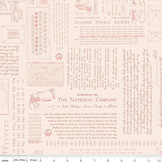Image of TYPE/ography Background Coral quilting cotton fabric by Lori Holt for Riley Blake Designs. Features text on a cream background. Cute Little Fabric Shop.