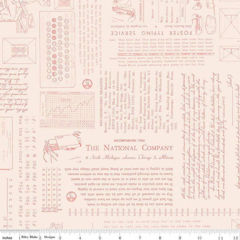 Image of TYPE/ography Background Coral quilting cotton fabric by Lori Holt for Riley Blake Designs. Features text on a cream background. Cute Little Fabric Shop.