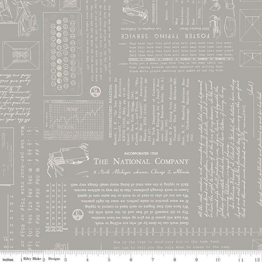 Image of TYPE/ography Cobblestone quilting cotton fabric by Lori Holt for Riley Blake Designs. Features text on a gray background. Cute Little Fabric Shop.