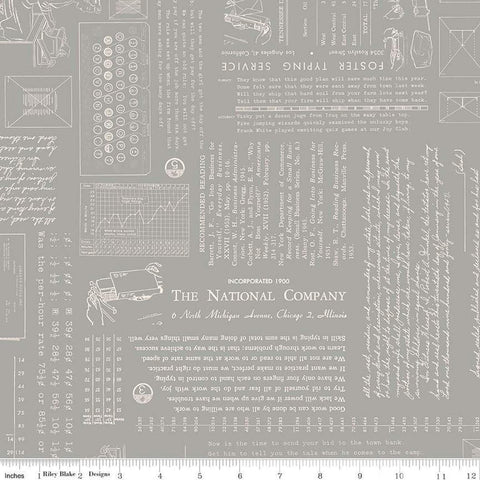 Image of TYPE/ography Cobblestone quilting cotton fabric by Lori Holt for Riley Blake Designs. Features text on a gray background. Cute Little Fabric Shop.