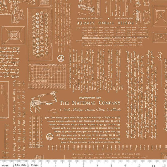 Image of TYPE/ography Cinnamon quilting cotton fabric by Lori Holt for Riley Blake Designs. Features text on a brown background. Cute Little Fabric Shop.