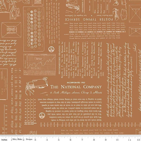 Image of TYPE/ography Cinnamon quilting cotton fabric by Lori Holt for Riley Blake Designs. Features text on a brown background. Cute Little Fabric Shop.