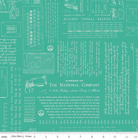Image of TYPE/ography Vivid quilting cotton fabric by Lori Holt for Riley Blake Designs. Features text on a green background. Cute Little Fabric Shop.
