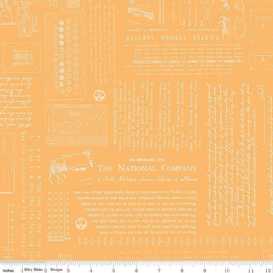 Image of TYPE/ography Marigold quilting cotton fabric by Lori Holt for Riley Blake Designs. Features text on a light orange background. Cute Little Fabric Shop.