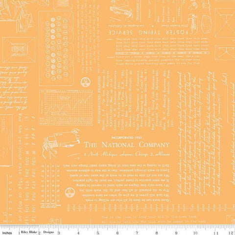 Image of TYPE/ography Marigold quilting cotton fabric by Lori Holt for Riley Blake Designs. Features text on a light orange background. Cute Little Fabric Shop.