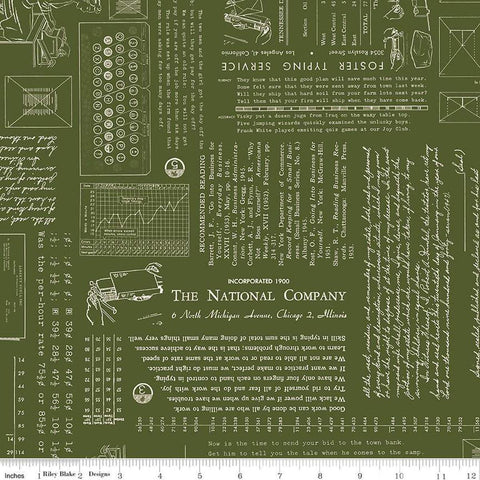 Image of TYPE/ography Zucchini quilting cotton fabric by Lori Holt for Riley Blake Designs. Features text on a green background. Cute Little Fabric Shop.