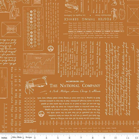 Image of TYPE/ography Carmel quilting cotton fabric by Lori Holt for Riley Blake Designs. Features text on a brown background. Cute Little Fabric Shop.