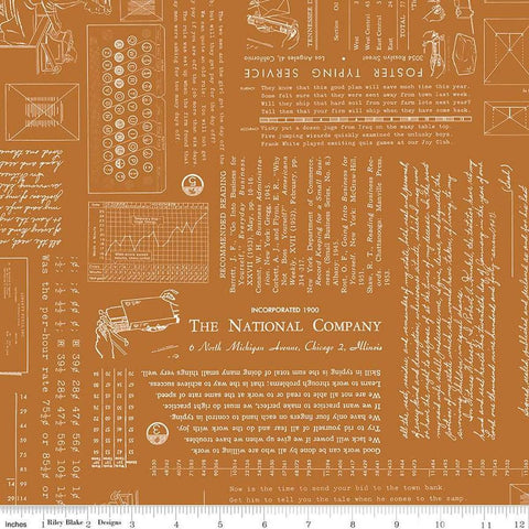 Image of TYPE/ography Carmel quilting cotton fabric by Lori Holt for Riley Blake Designs. Features text on a brown background. Cute Little Fabric Shop.