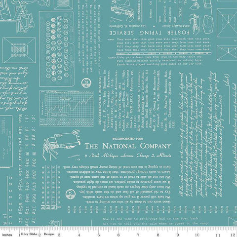 Image of TYPE/ography Wedgewood quilting cotton fabric by Lori Holt for Riley Blake Designs. Features text on a blue background. Cute Little Fabric Shop.