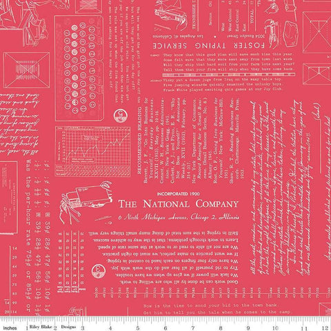 Image of TYPE/ography Tea Rose quilting cotton fabric by Lori Holt for Riley Blake Designs. Features text on a pink background. Cute Little Fabric Shop.