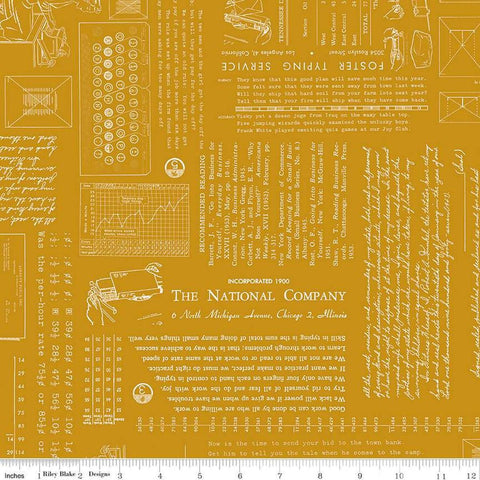 Image of TYPE/ography Cider quilting cotton fabric by Lori Holt for Riley Blake Designs. Features text on a gold background. Cute Little Fabric Shop.