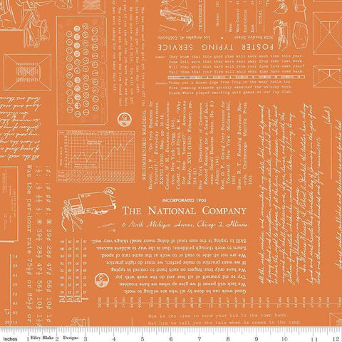 Image of TYPE/ography Squash quilting cotton fabric by Lori Holt for Riley Blake Designs. Features text on an orange background. Cute Little Fabric Shop.