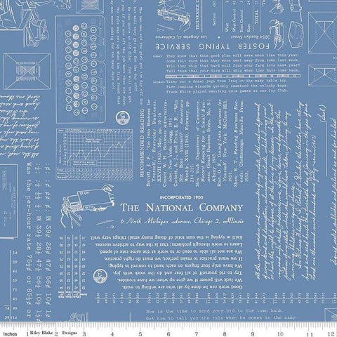Image of TYPE/ography Dusk quilting cotton fabric by Lori Holt for Riley Blake Designs. Features text on a blue background. Cute Little Fabric Shop.