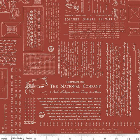 Image of TYPE/ography Terracotta quilting cotton fabric by Lori Holt for Riley Blake Designs. Features text on a red background. Cute Little Fabric Shop.