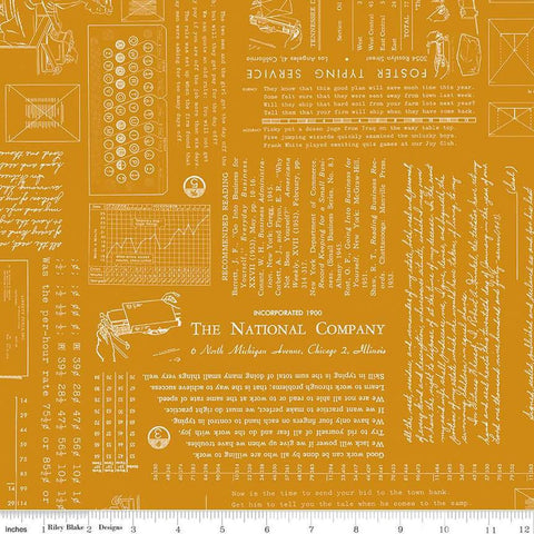 Image of TYPE/ography Butterscotch quilting cotton fabric by Lori Holt for Riley Blake Designs. Features text on a gold background. Cute Little Fabric Shop.