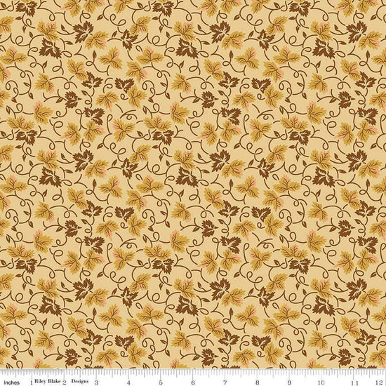Image of Vera's Garden Leaves Gold quilting cotton fabric by Vicki McCarty for Riley Blake Designs. Features leaves on a yellow background. Cute Little Fabric Shop
