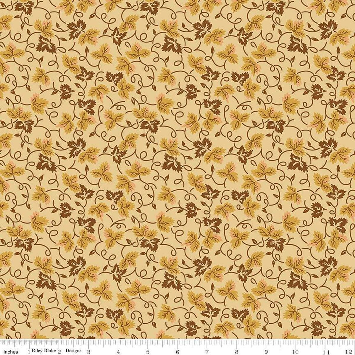Image of Vera's Garden Leaves Gold quilting cotton fabric by Vicki McCarty for Riley Blake Designs. Features leaves on a yellow background. Cute Little Fabric Shop