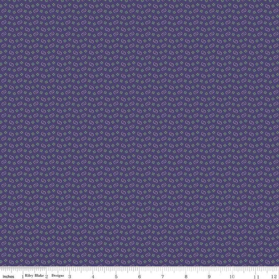 Image of Vera's Garden Circles Purple quilting cotton fabric by Vicki McCarty for Riley Blake Designs. Features shapes on a purple background. Cute Little Fabric Shop