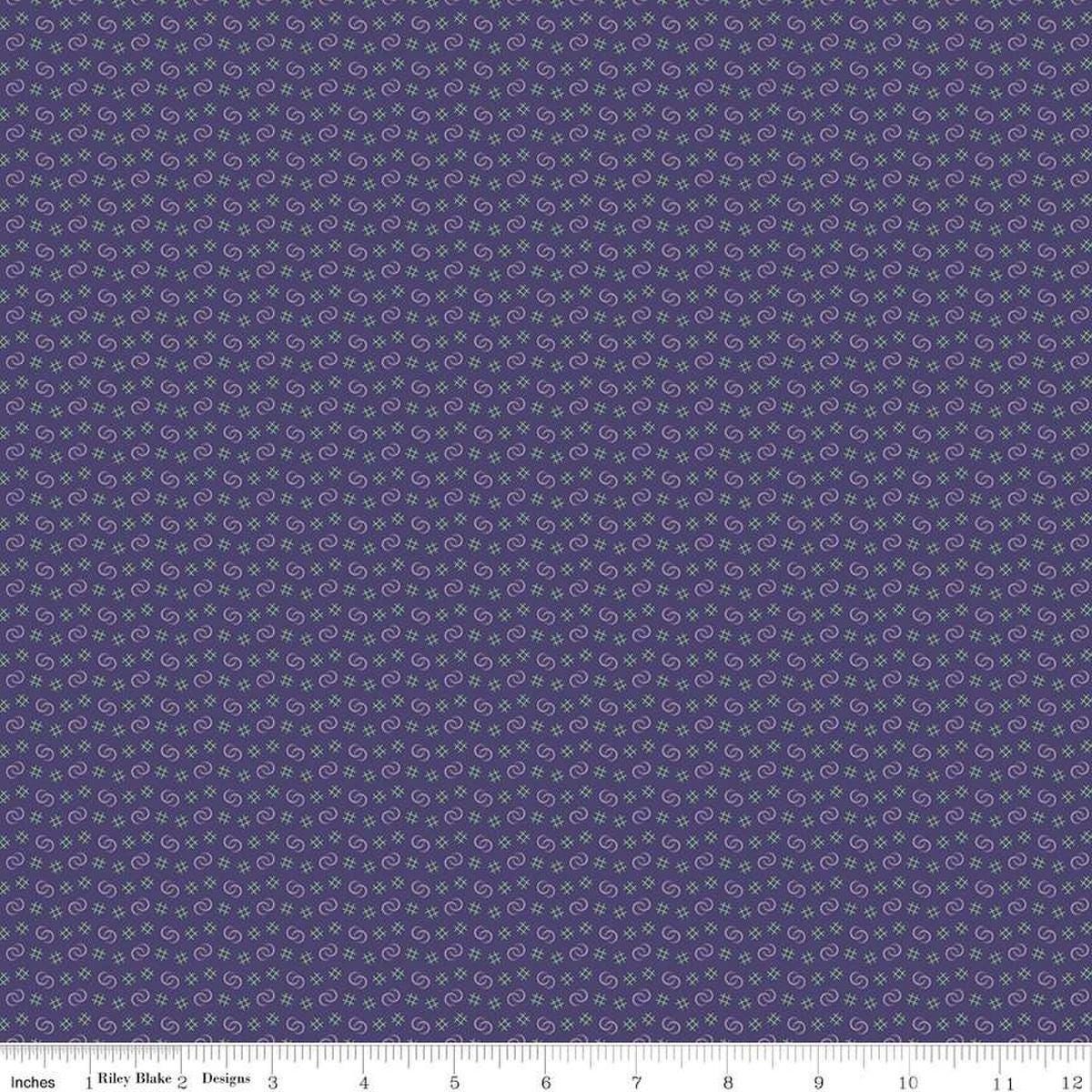 Image of Vera's Garden Circles Purple quilting cotton fabric by Vicki McCarty for Riley Blake Designs. Features shapes on a purple background. Cute Little Fabric Shop