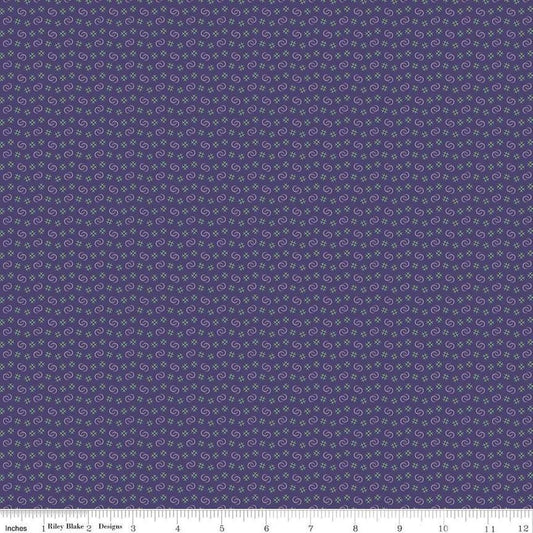 Image of Vera's Garden Circles Purple quilting cotton fabric by Vicki McCarty for Riley Blake Designs. Features shapes on a purple background. Cute Little Fabric Shop