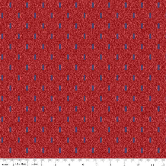 Image of Vera's Garden Dashes Red quilting cotton fabric by Vicki McCarty for Riley Blake Designs. Features shapes on a red background. Cute Little Fabric Shop