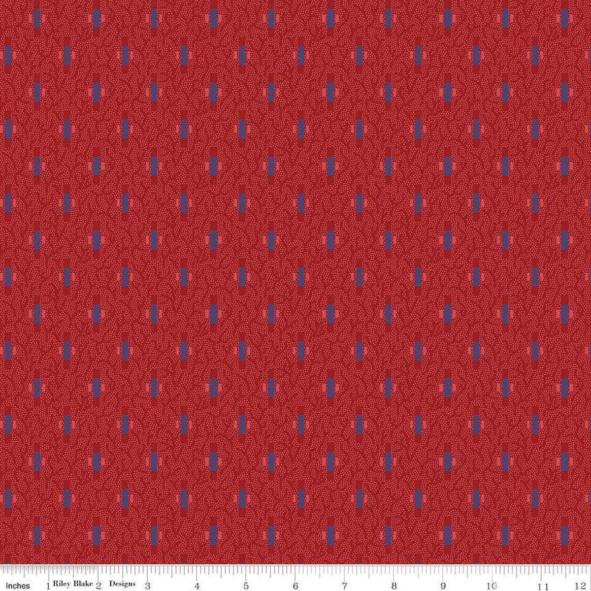 Image of Vera's Garden Dashes Red quilting cotton fabric by Vicki McCarty for Riley Blake Designs. Features shapes on a red background. Cute Little Fabric Shop