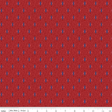 Image of Vera's Garden Dashes Red quilting cotton fabric by Vicki McCarty for Riley Blake Designs. Features shapes on a red background. Cute Little Fabric Shop