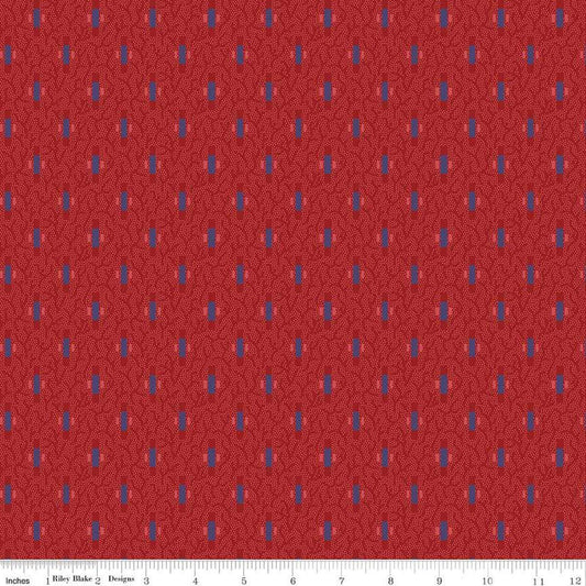 Image of Vera's Garden Dashes Red quilting cotton fabric by Vicki McCarty for Riley Blake Designs. Features shapes on a red background. Cute Little Fabric Shop