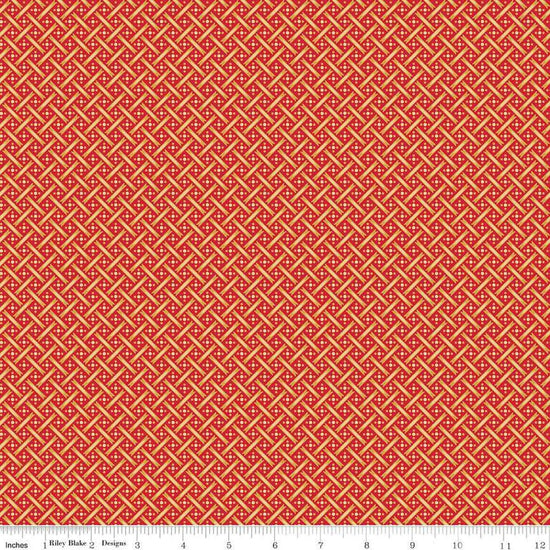 Image of Vera's Garden Basket Weave Red Gold quilting cotton fabric by Vicki McCarty for Riley Blake Designs. Features weave on a red background. Cute Little Fabric Shop