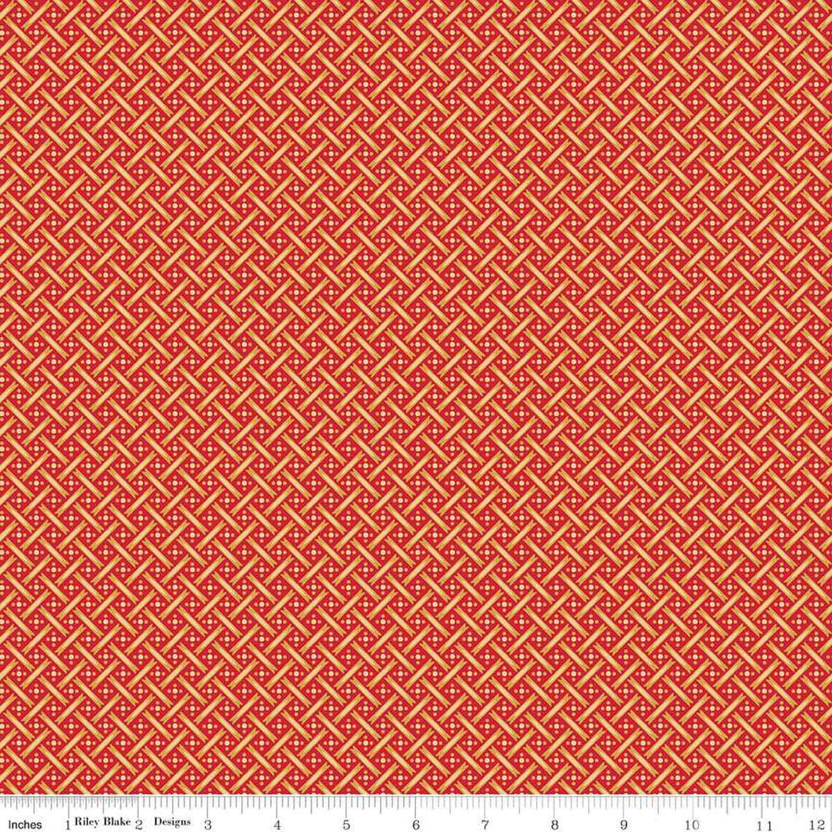 Image of Vera's Garden Basket Weave Red Gold quilting cotton fabric by Vicki McCarty for Riley Blake Designs. Features weave on a red background. Cute Little Fabric Shop