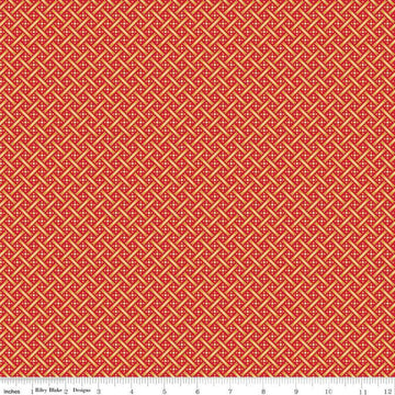 Image of Vera's Garden Basket Weave Red Gold quilting cotton fabric by Vicki McCarty for Riley Blake Designs. Features weave on a red background. Cute Little Fabric Shop
