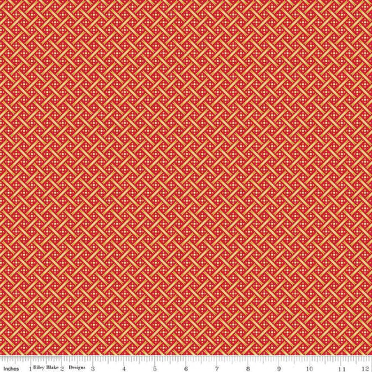 Image of Vera's Garden Basket Weave Red Gold quilting cotton fabric by Vicki McCarty for Riley Blake Designs. Features weave on a red background. Cute Little Fabric Shop
