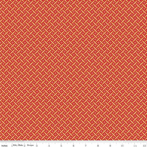 Image of Vera&#39;s Garden Basket Weave Red Gold quilting cotton fabric by Vicki McCarty for Riley Blake Designs. Features weave on a red background. Cute Little Fabric Shop