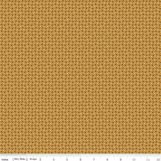 Image of Vera's Garden Basket Weave Gold quilting cotton fabric by Vicki McCarty for Riley Blake Designs. Features weave on a yellow background. Cute Little Fabric Shop