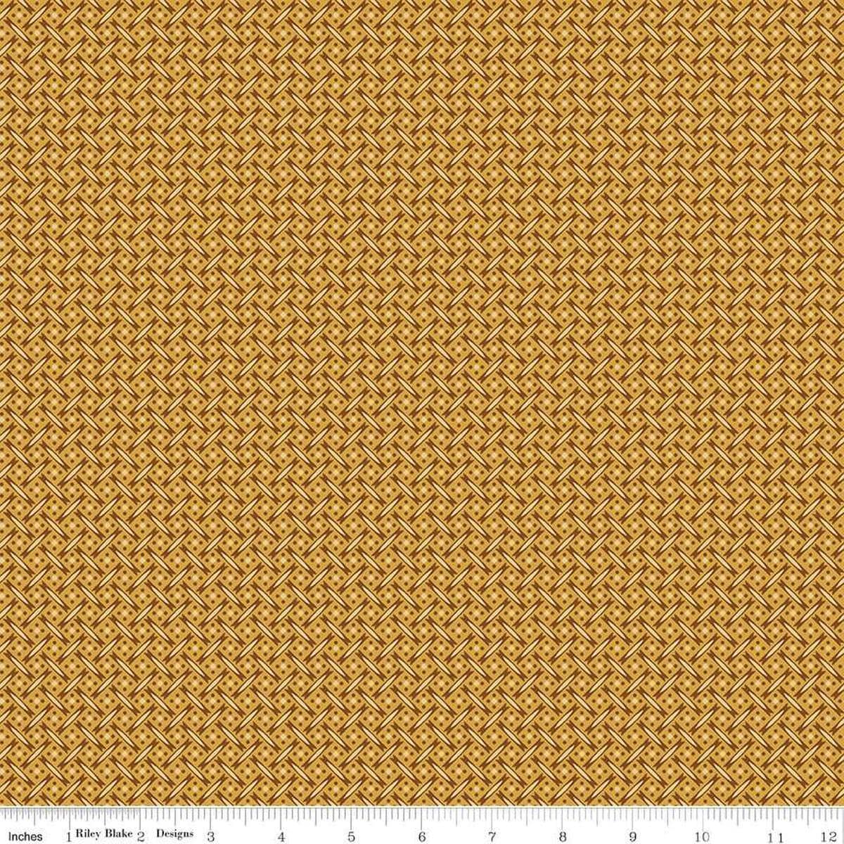 Image of Vera's Garden Basket Weave Gold quilting cotton fabric by Vicki McCarty for Riley Blake Designs. Features weave on a yellow background. Cute Little Fabric Shop