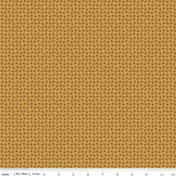 Image of Vera's Garden Basket Weave Gold quilting cotton fabric by Vicki McCarty for Riley Blake Designs. Features weave on a yellow background. Cute Little Fabric Shop