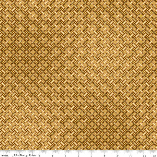 Image of Vera's Garden Basket Weave Gold quilting cotton fabric by Vicki McCarty for Riley Blake Designs. Features weave on a yellow background. Cute Little Fabric Shop