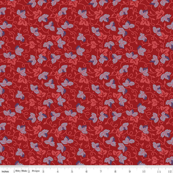 Image of Vera's Garden Leaves Red quilting cotton fabric by Vicki McCarty for Riley Blake Designs. Features leaves on a red background. Cute Little Fabric Shop