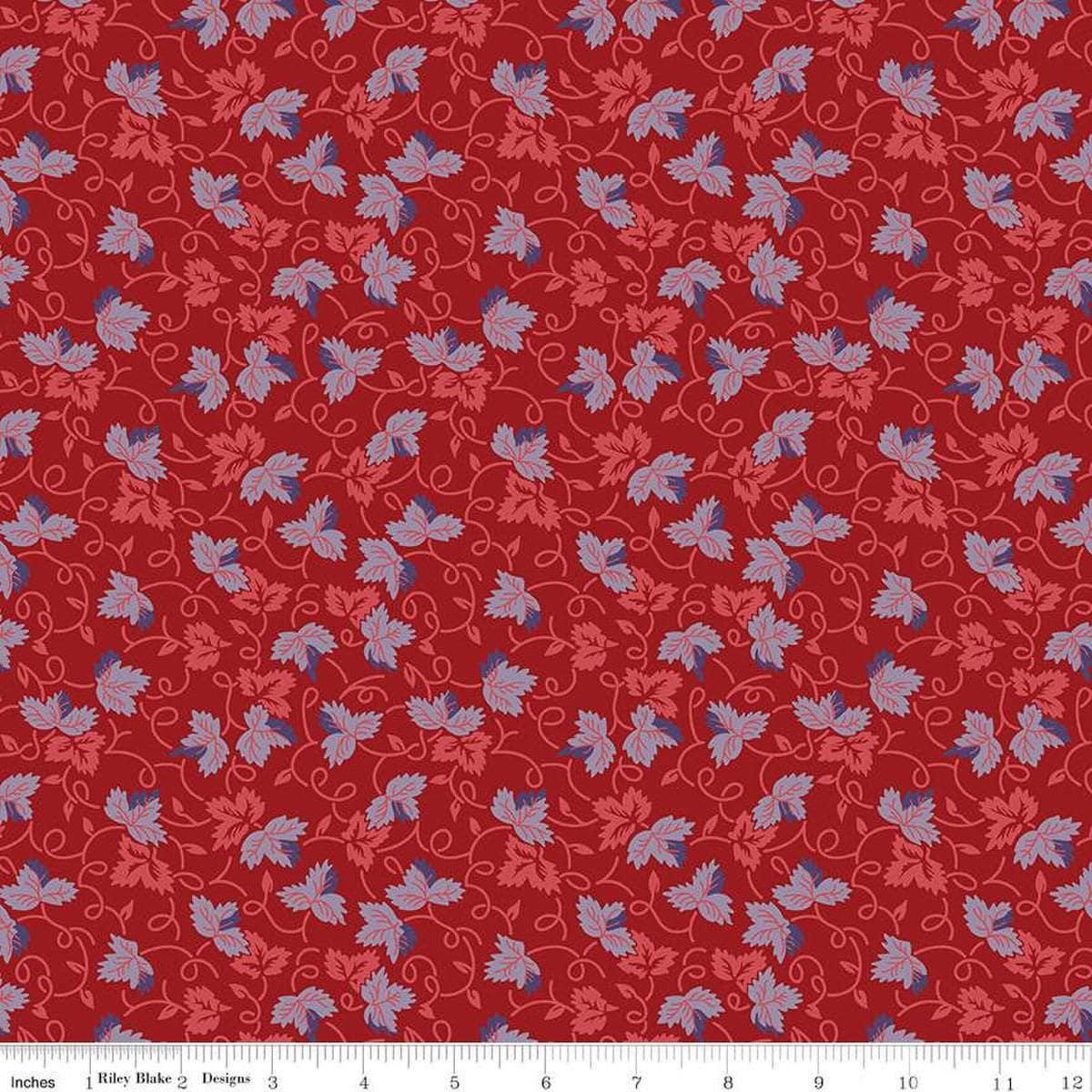 Image of Vera's Garden Leaves Red quilting cotton fabric by Vicki McCarty for Riley Blake Designs. Features leaves on a red background. Cute Little Fabric Shop