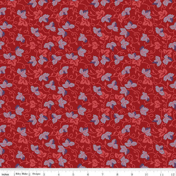 Image of Vera's Garden Leaves Red quilting cotton fabric by Vicki McCarty for Riley Blake Designs. Features leaves on a red background. Cute Little Fabric Shop