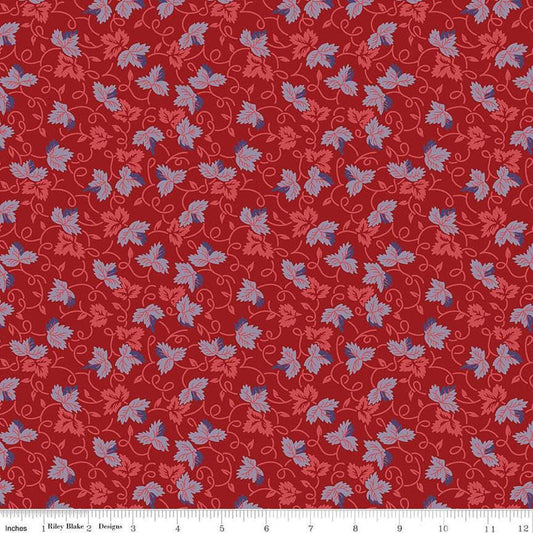 Image of Vera's Garden Leaves Red quilting cotton fabric by Vicki McCarty for Riley Blake Designs. Features leaves on a red background. Cute Little Fabric Shop
