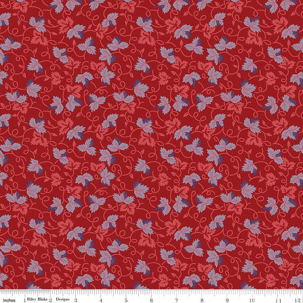 Image of Vera&#39;s Garden Leaves Red quilting cotton fabric by Vicki McCarty for Riley Blake Designs. Features leaves on a red background. Cute Little Fabric Shop
