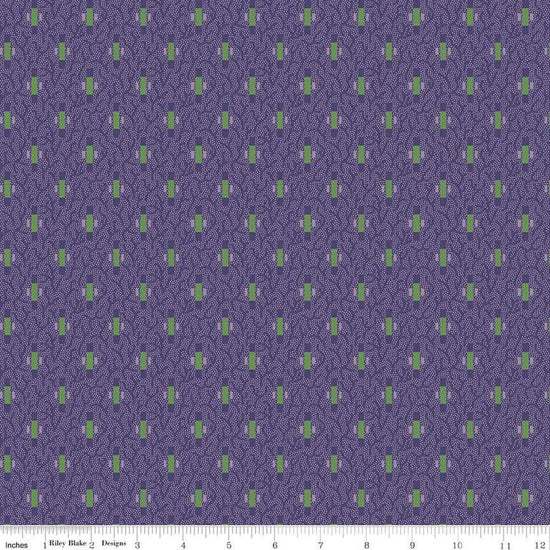 Image of Vera's Garden Dashes Purple quilting cotton fabric by Vicki McCarty for Riley Blake Designs. Features shapes on a purple background. Cute Little Fabric Shop