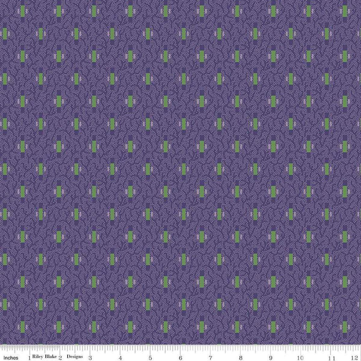 Image of Vera's Garden Dashes Purple quilting cotton fabric by Vicki McCarty for Riley Blake Designs. Features shapes on a purple background. Cute Little Fabric Shop